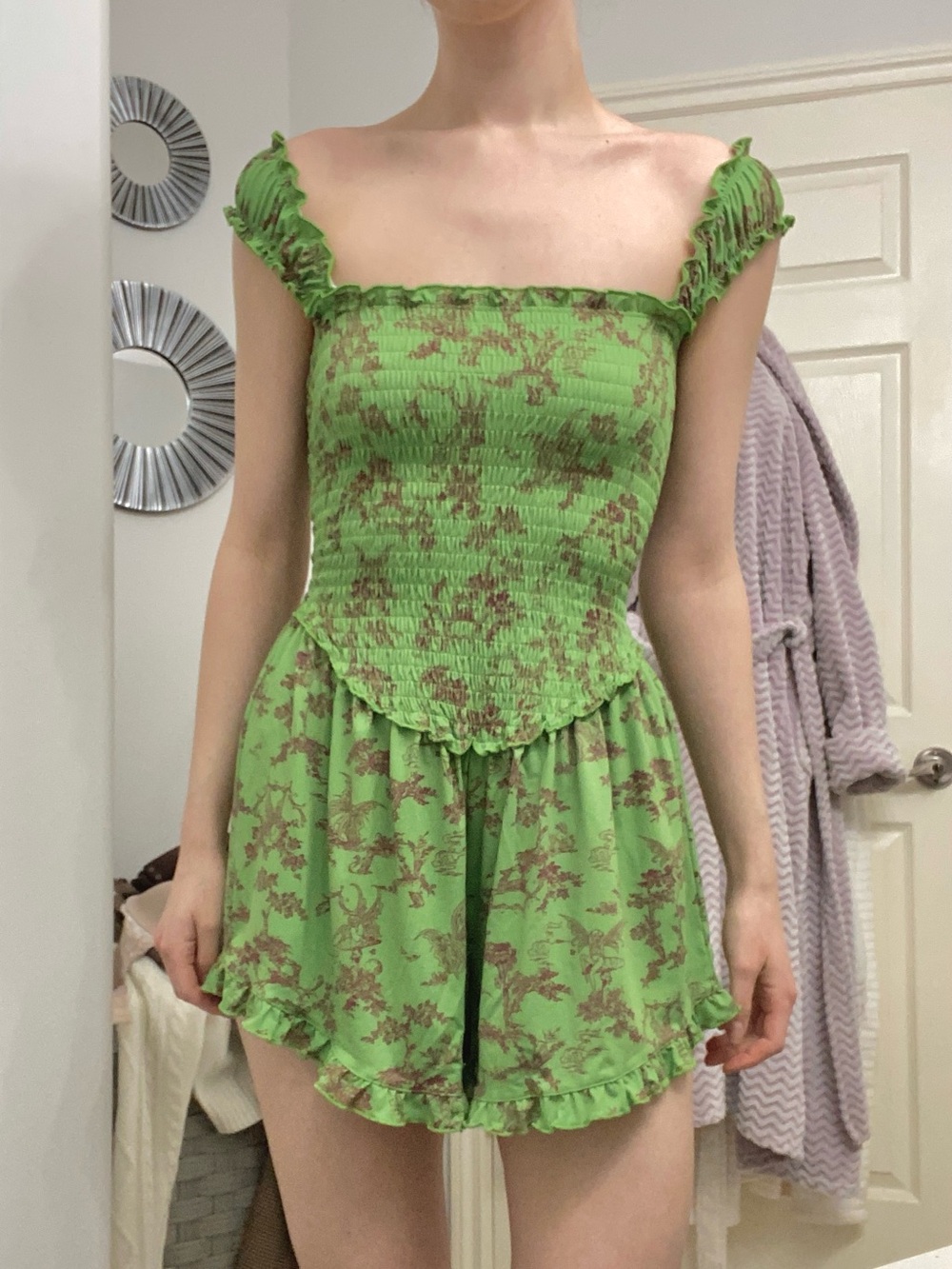 Green ruffle toile pattern romper